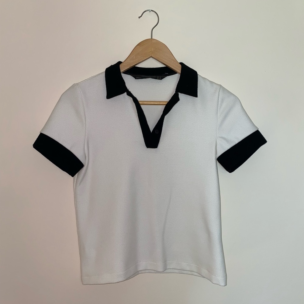 Zara Trafaluc Collection Collared Black and Off-White Polo Shirt Size M